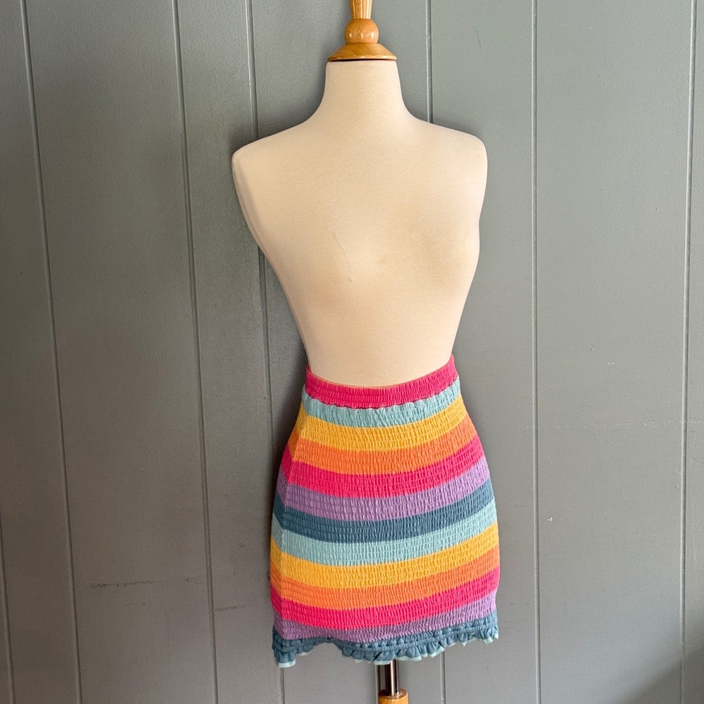 Storia Women Rainbow Smocked Mini Skirt Multi Color Ruffle Hem JS2185 Small